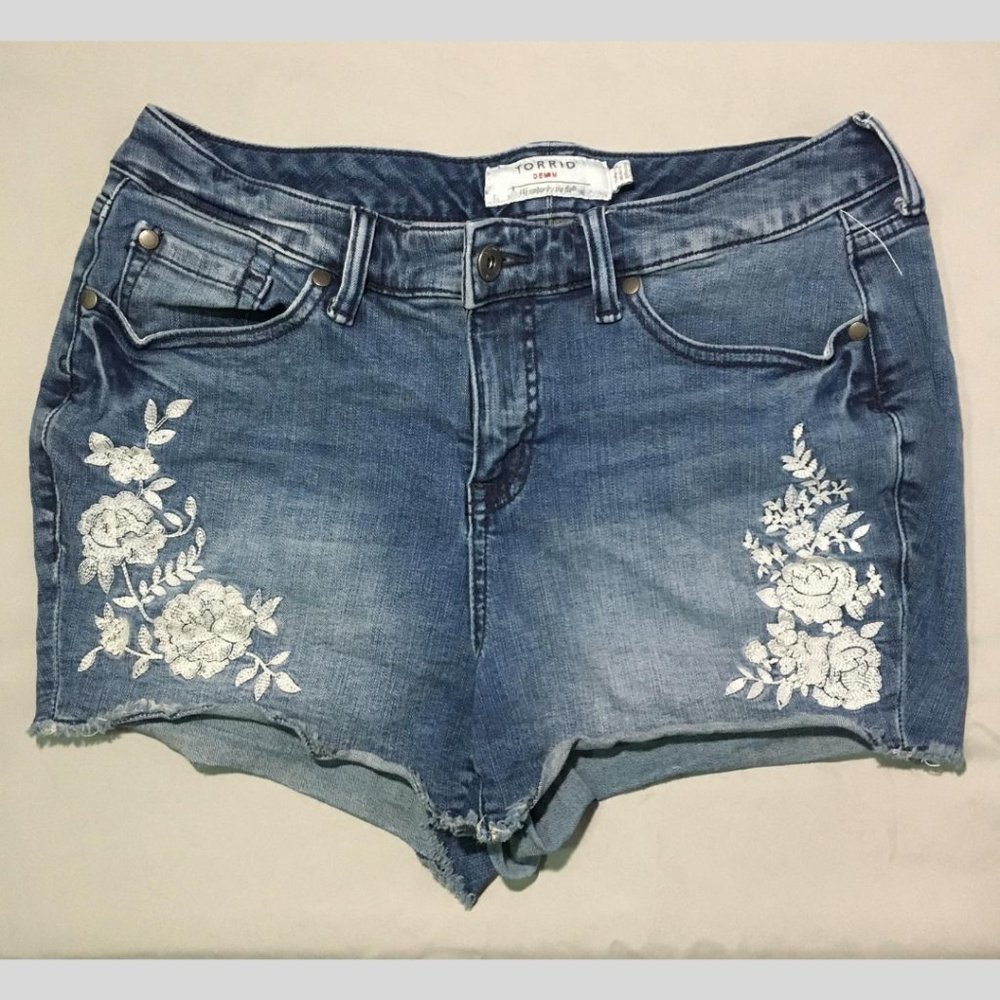Torrid Denim Floral Embroidered Cutoff Shorts